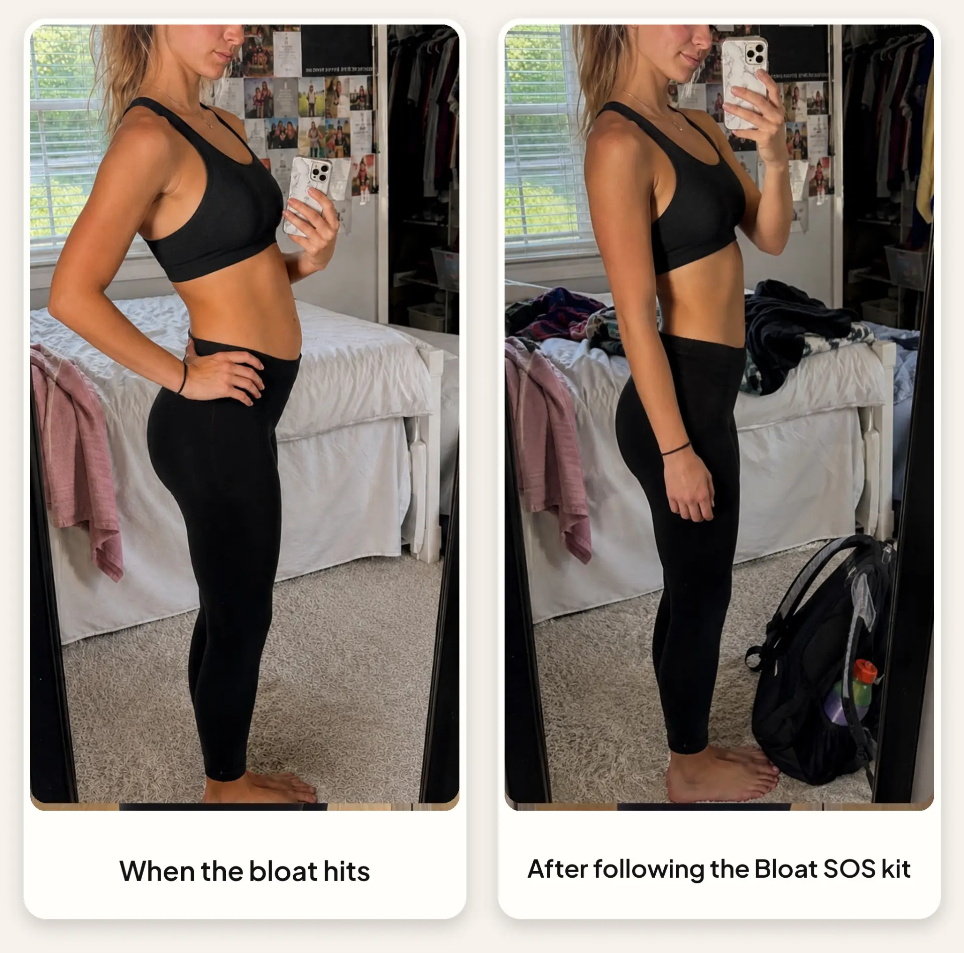 Side-by-side comparison: a bloated belly when the bloat hits, and a calmer, flatter belly after following the Bloat SOS Kit