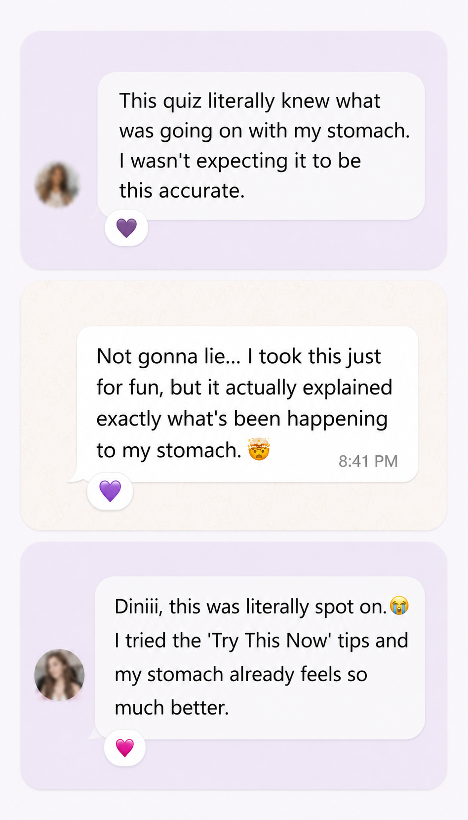 Messages from people who used the Dini bloat quiz